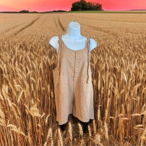 Womens Sleeveless Romper Large Tan Tied Bow Straps Button Accents Minimalist Y2K